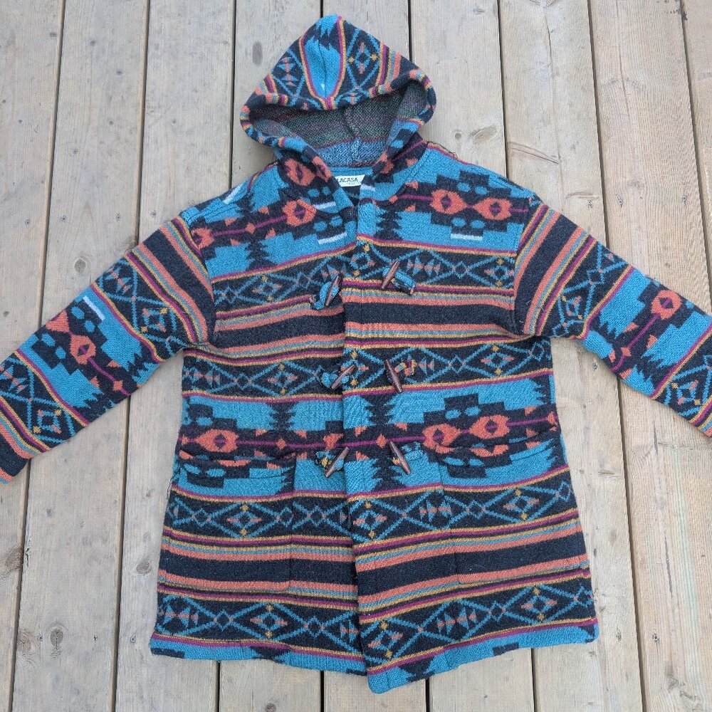 Vintage Y2K Lacasa Hoodie Women Blue Aztec Print Casual Long Sleeve Winter Boho